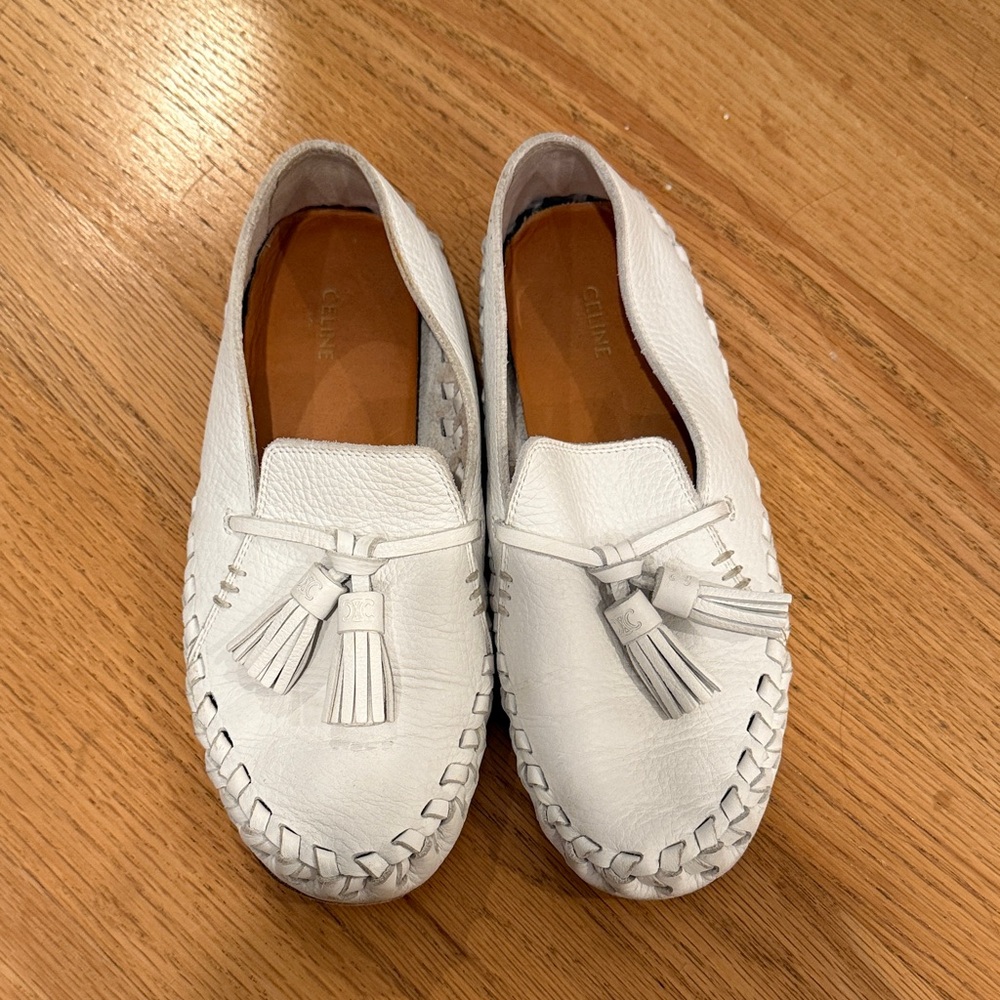 White Celine Mocassin Leather Loafers with Tassels